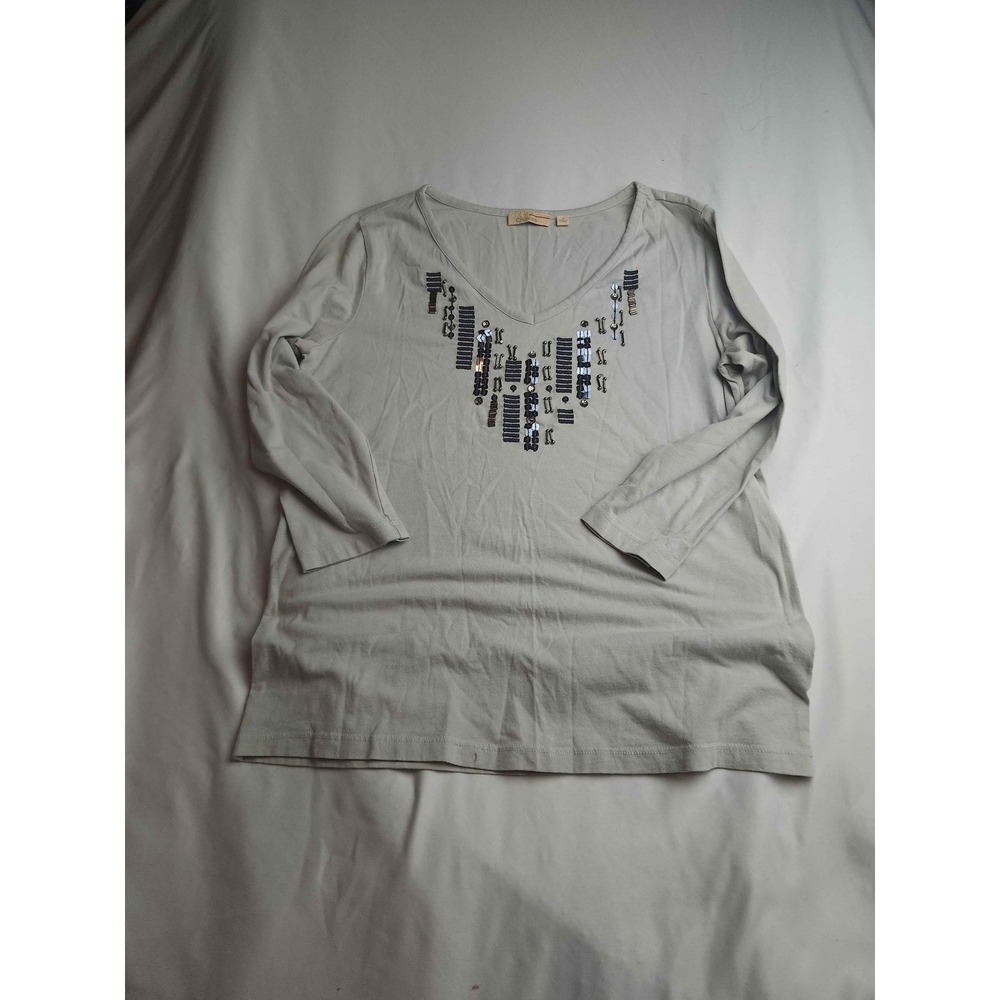 Choices Womens Sage Green V-Neck Sequin Embellished 3/4 Sleeve Top Small